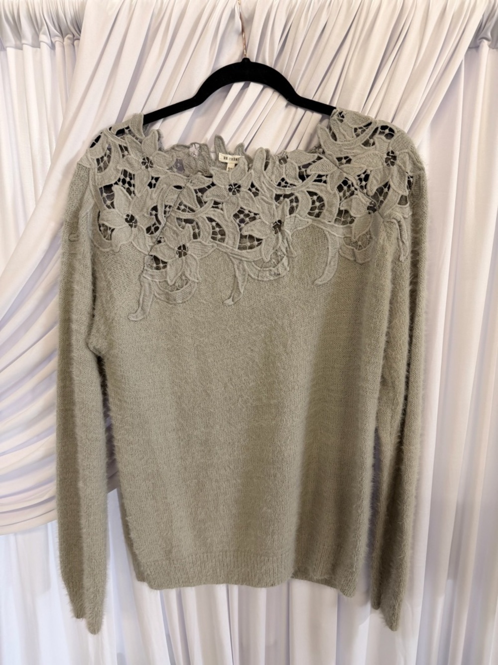 En Crème Sage Green Crochet Lace Yoke Fuzzy Sweater S/M